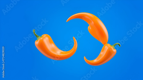 At start three orange pepper shapes rotating and drifting on transparent blue background, looping