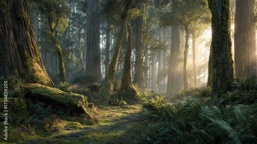 Obraz premium Misty Sunrise in Ancient Forest