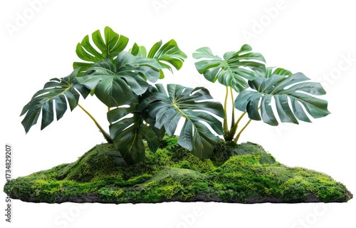 Monstera plant on mossy base, isolated. Interior decor, display, product staging