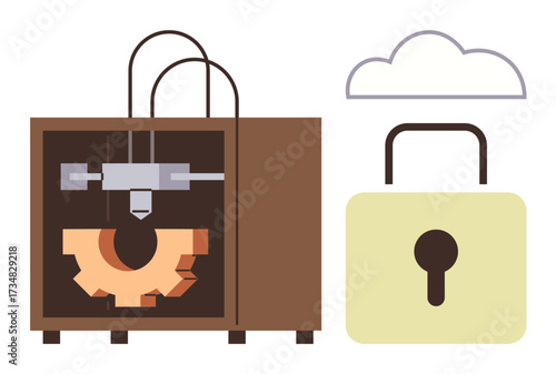 3D printer building gear, accompanied by padlock and cloud, suggesting technology, innovation, and secured data. Ideal for manufacturing, security, industry, cloud storage digital safety