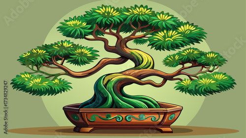 very beautiful Elegant Curved Bonsai Tree in Decorative Pot with Vibrant Green Foliage and Delicate Texture 