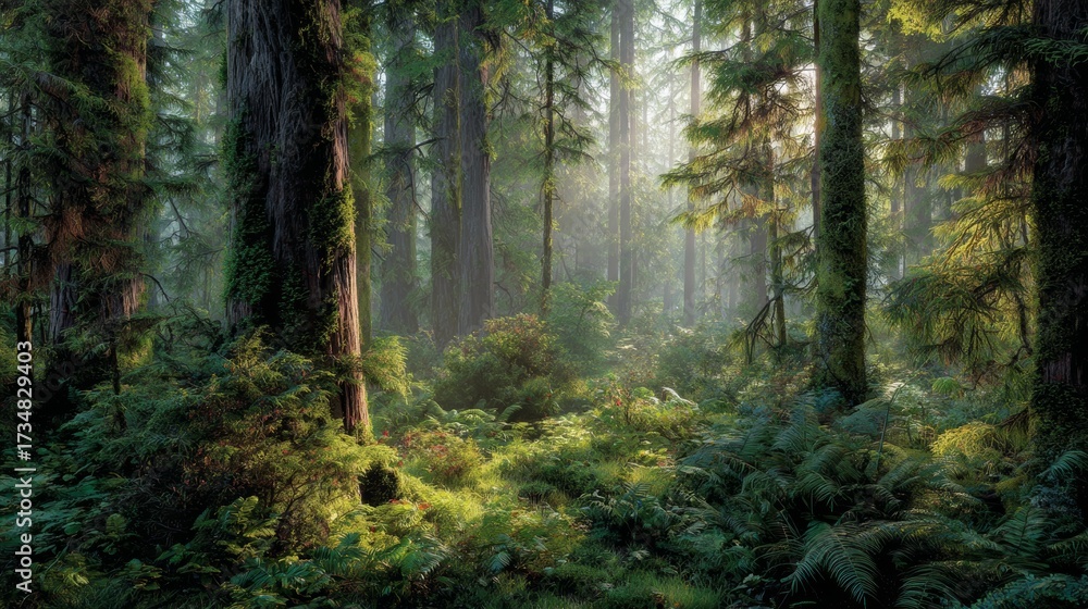 Fototapeta premium Misty Sunrise in Ancient Forest