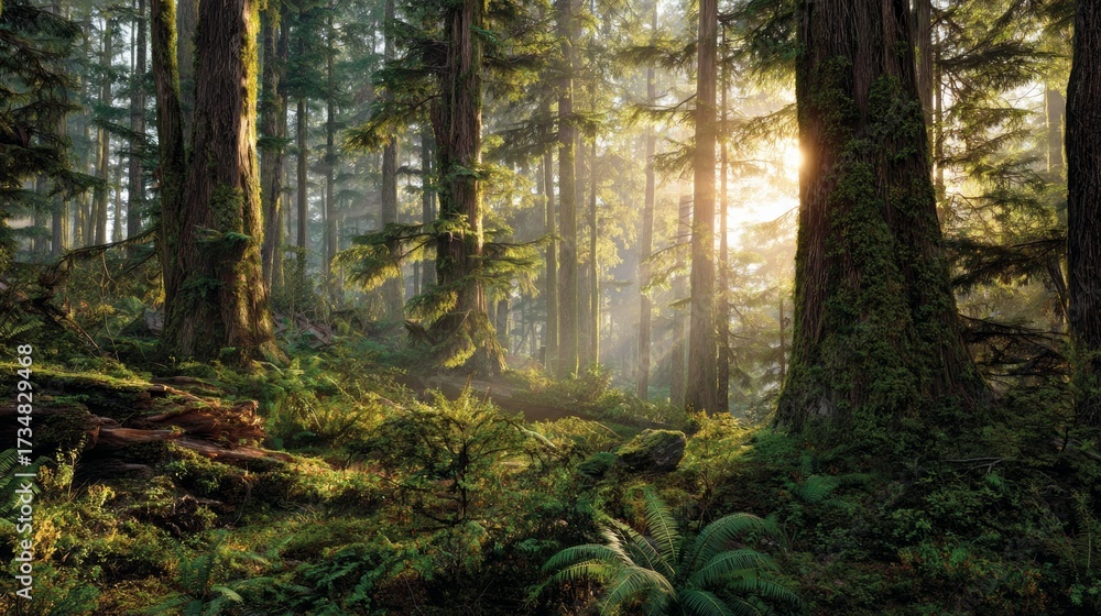Obraz premium Misty Sunrise in Ancient Forest