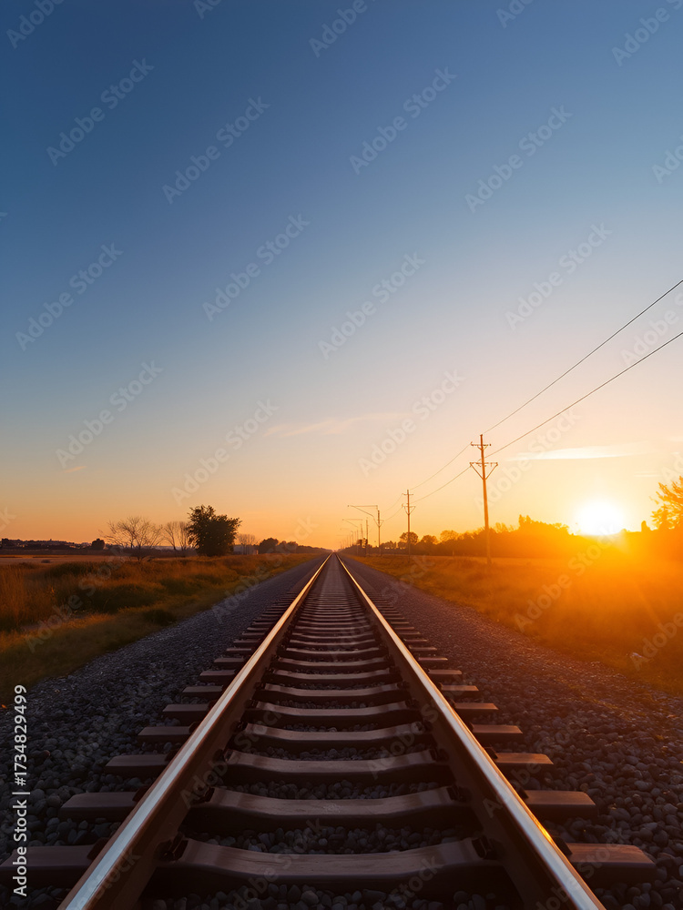Fototapeta premium Railroad Tracks Stretching into the Horizon at Sunset.
