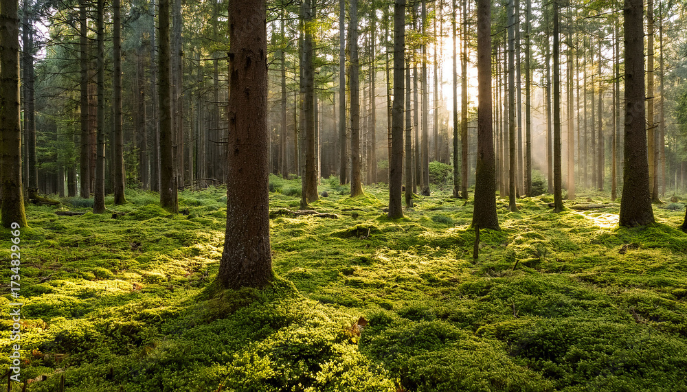Obraz premium Moss Covered Forest Floor With Towering Pine Trees Bathed In Soft Morning Light