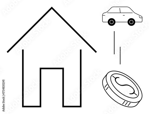 Line-art depiction of a house, car, and coin emphasizing financial planning, property ownership, insurance, or budgeting. Ideal for savings, investment, housing loans wealth management economic