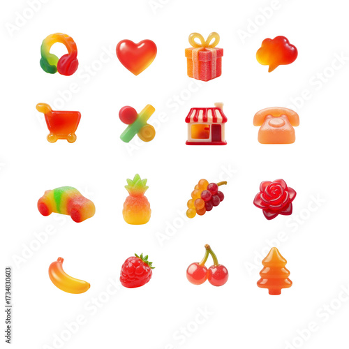 Gummy candy icons for a confectionery website on transparent background with colorful shapes