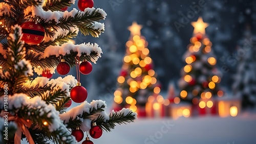 Christmas Tree with Gift Box on Snowy Horizon.