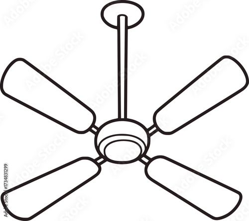 Black outline drawing of a five blade ceiling fan blades household appliance