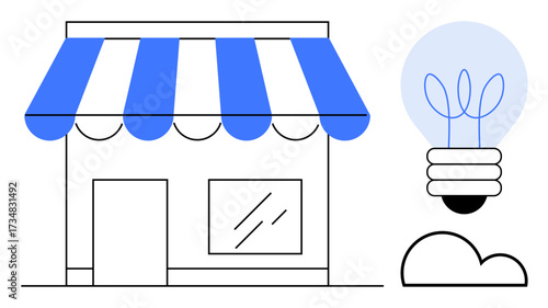Storefront with blue awning next to a light bulb containing plant outline. Ideal for business, sustainability, innovation, small enterprise, creativity, green initiatives, simple flat metaphor