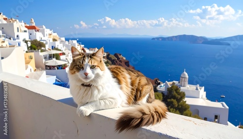 A charming cat rests on a white balcony overlooking a picturesque Greek village and the azure sea.