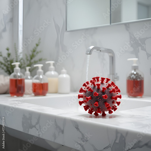 The red covid-19 coronavirus molecule is on the white washstand in the bathroom, closeup. Lots of liquid soap in jars on the washstand. Against the background of running water from the tap