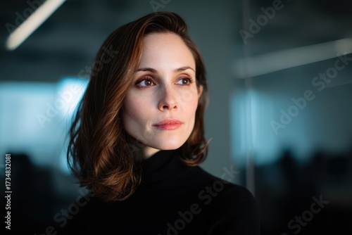 Woman gazes thoughtfully, w...