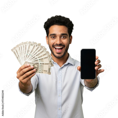 Illustration of man holding money isolated on transparent background