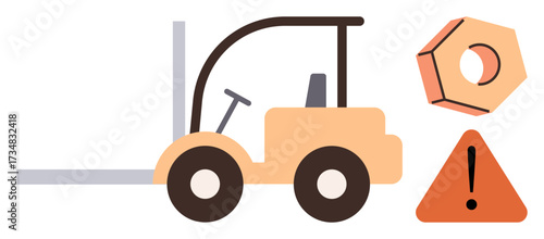 Forklift next to nut and caution sign emphasizing operational safety, equipment maintenance, and hazard awareness. Ideal for industry, warehouse, logistics, safety education, machinery, risk