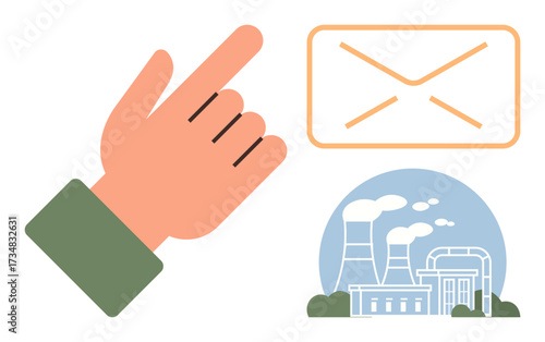 Hand gesture interacting with email communication, depicting industrial area with a factory and cooling towers. Ideal for communication, technology, environment, pollution awareness, industry
