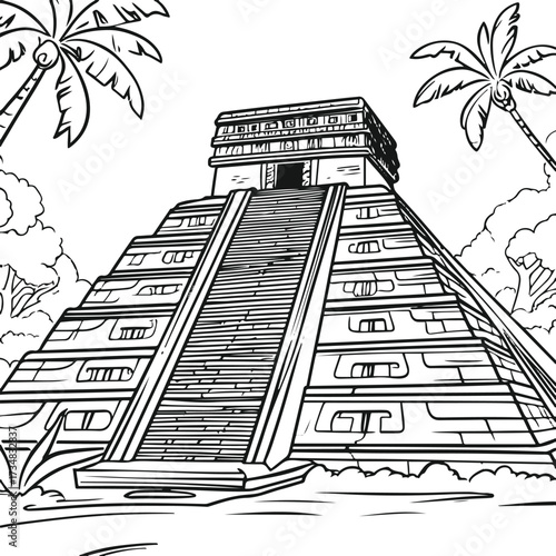 Black thick outline with white background, Outline drawing of Mayan pyramid 2