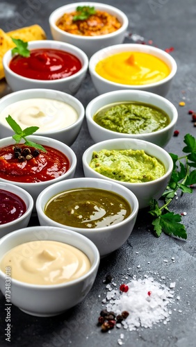 Various sauces in small white bowls on a dark surface