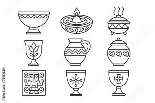 Ceremonial Pottery Icons. Line style icons of ceremonial pottery: ritual bowl, offering plate, incense burner, spiritual vessel,