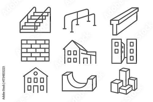 Urban Parkour Icons. Line style icons of urban parkour locations: stair set, railings, concrete ledge, brick wall, rooftop edge,