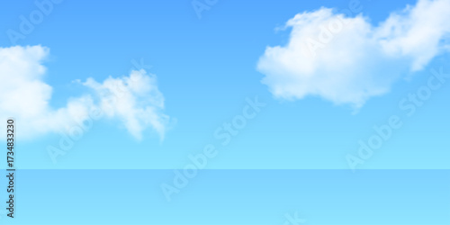 Blue sky with clouds and sea horizon. Peaceful daytime scene with soft white clouds and clear ocean line. Calm nature background for summer, travel, relaxation themes. Realistic vector illustration.