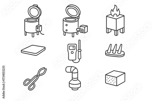 Line Style Kiln Icons. Line style icons of kilns and firing tools: electric kiln, gas kiln, raku kiln, kiln shelf, pyrometer, cone