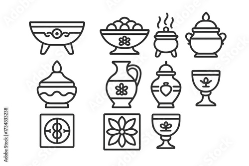 Ceremonial Pottery Icons. Line style icons of ceremonial pottery: ritual bowl, offering plate, incense burner, spiritual vessel,