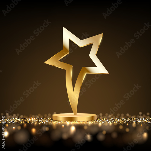 Golden award trophy. Metal gold star shaped cup. Realistic vector illustration of winners cup for sport competition, business achievement, recognition, leadership, promotion.