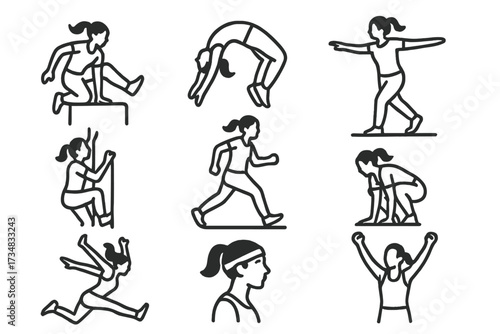 Female Parkour Icons. Line style icons of female parkour athletes: woman vaulting, backflip pose, balance walk, climbing motion,