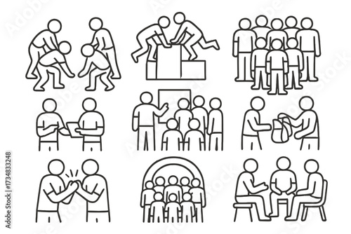 Parkour Community Icons. Line style icons of parkour community actions: group warm-up, paired vault, team photo, skill share,