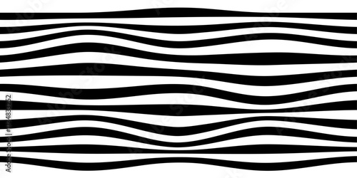 Black and white wavy stripes pattern. Abstract horizontal lines creating optical illusion and modern minimalist design. Vector background for textile, wallpaper, or graphic design projects.