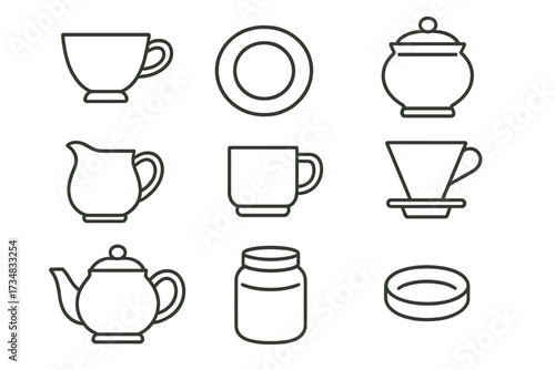 Line Art Tea Pottery. Line style icons of pottery for tea and coffee: teacup, saucer plate, sugar bowl, cream pitcher, espresso