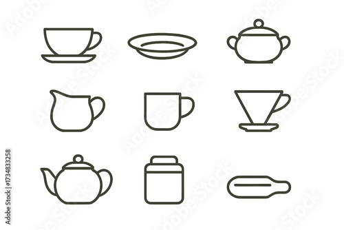 Line Art Tea Pottery. Line style icons of pottery for tea and coffee: teacup, saucer plate, sugar bowl, cream pitcher, espresso