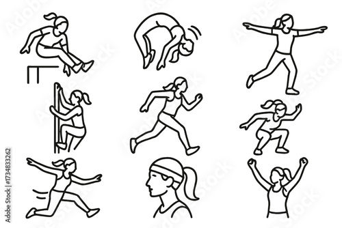 Female Parkour Icons. Line style icons of female parkour athletes: woman vaulting, backflip pose, balance walk, climbing motion,