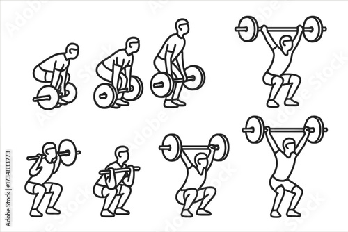 Lifter Position Icons. Line style icons of lifter positions: start setup, first pull, transition phase, second pull, full