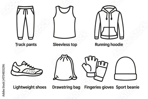 Parkour Apparel Icons. Line style icons of parkour apparel: track pants, sleeveless top, running hoodie, compression shirt,