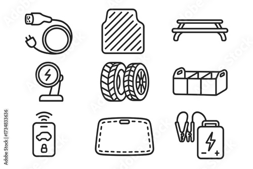 EV Accessories Icons. Line style icons of EV accessories: charging cable, EV floor mat, roof rack for EV, wireless charger mount,