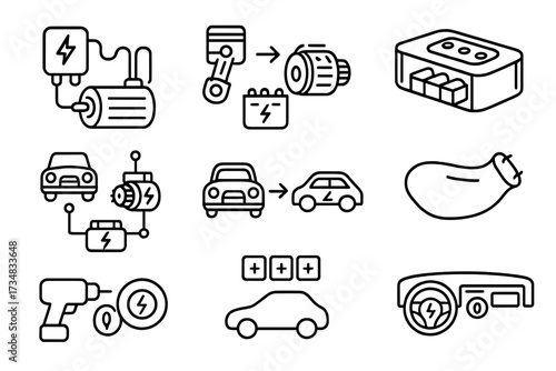 Retrofitting EV Icons. Line style icons of retrofitting and conversion: EV conversion kit, electric motor swap, battery enclosure,