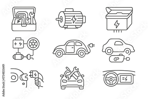 Retrofitting EV Icons. Line style icons of retrofitting and conversion: EV conversion kit, electric motor swap, battery enclosure,
