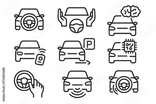Autonomous Driving Icons. Line style icons of autonomous driving modes: auto cruise, hands-free mode, full autonomy icon, remote