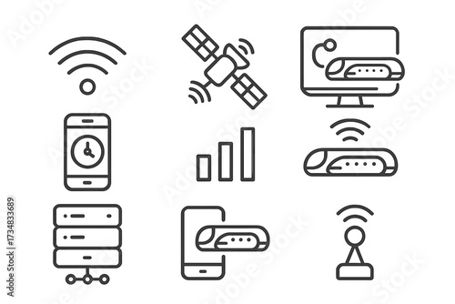 Hyperloop Connectivity Icons. Line style icons of Hyperloop connectivity: wireless signal, satellite uplink, control center link,