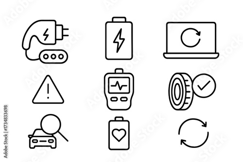 EV Maintenance Icons. Line style icons of AV charging and maintenance: charging port, power indicator, software update screen,