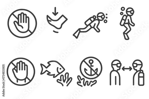 Coral-Safe Icons. Line style icons of coral-safe practices: no touch icon, fin control symbol, buoyancy check, proper entry icon,