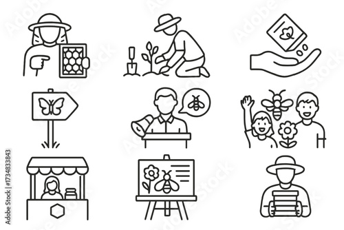 Community Engagement Icons. Line style icons of community engagement: local bee tour, garden workshop, seed giveaway, pollinator