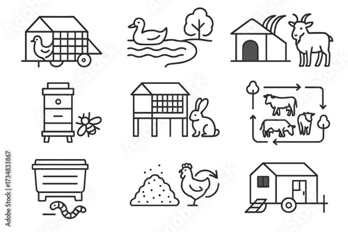 Animal Systems Icons. Line style icons of integrated animal systems: chicken tractor, duck pond, goat shelter, bee hive, rabbit