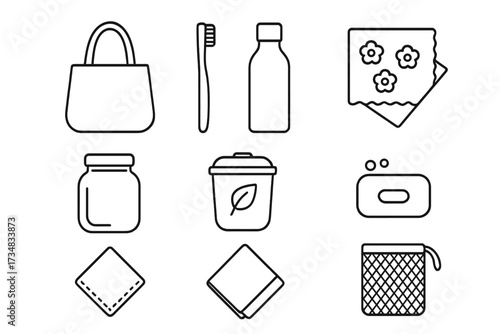 Zero-Waste Icons. Line style icons of zero-waste lifestyle essentials: reusable shopping bag, bamboo toothbrush, stainless steel