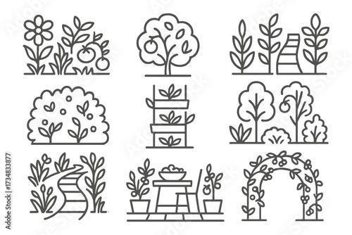 Edible Landscape Icons. Line style icons of edible landscapes: mixed edible border, fruit-bearing shrub, herb walk, edible hedge,