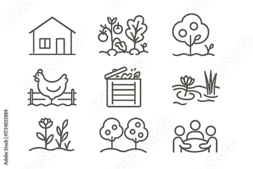 Permaculture Zone Icons. Line style icons of permaculture zones: home zone, kitchen garden, food forest, chicken run, compost area