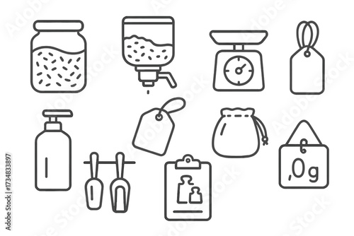 Refill Store Icons. Line style icons of bulk and refill store items: glass jar with grains, refill station pump, scoop scale,