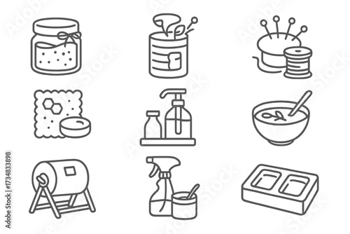 Zero-Waste DIY Icons. Line style icons of DIY zero-waste projects: homemade scrub jar, upcycled container, sewing kit, beeswax